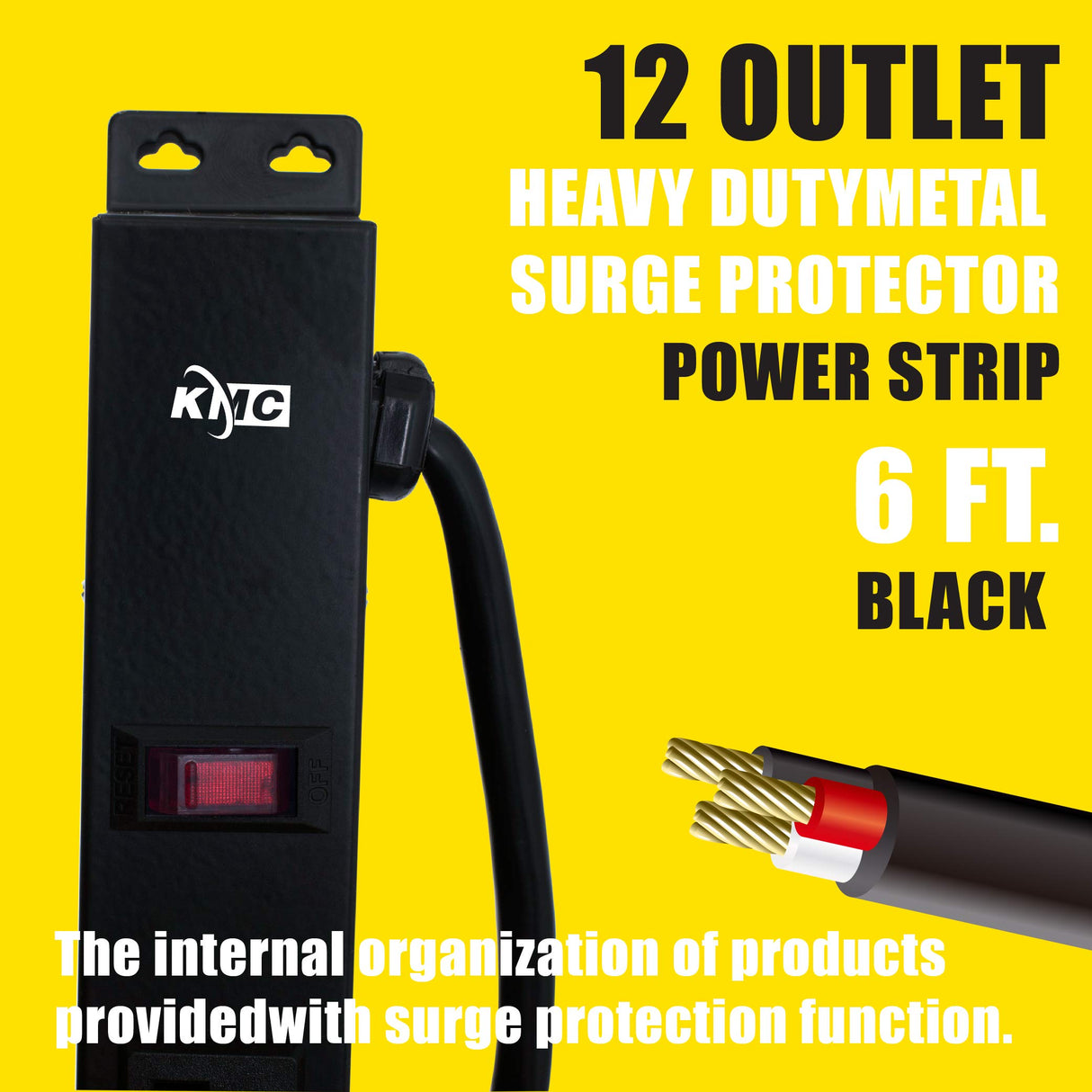 KMC 12 Outlet Heavy Duty Metal Surge Protector Power Strip with 6-Foot Long Extension Cord, 125V/15A, Black KMC
