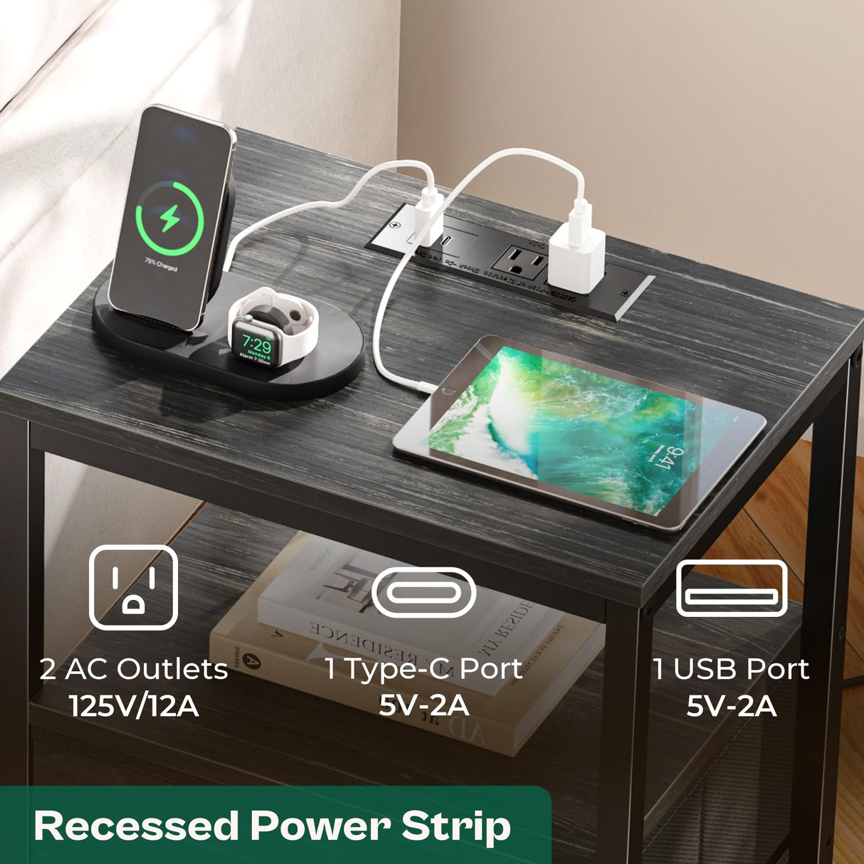 Huuger Nightstand with Charging Station, Side Table with Fabric Drawers, End Table with Open Shelf, Bedside Table with USB Ports and Outlets, Night Stand for Bedroom, Charcoal Black Wood Grain Print Huuger