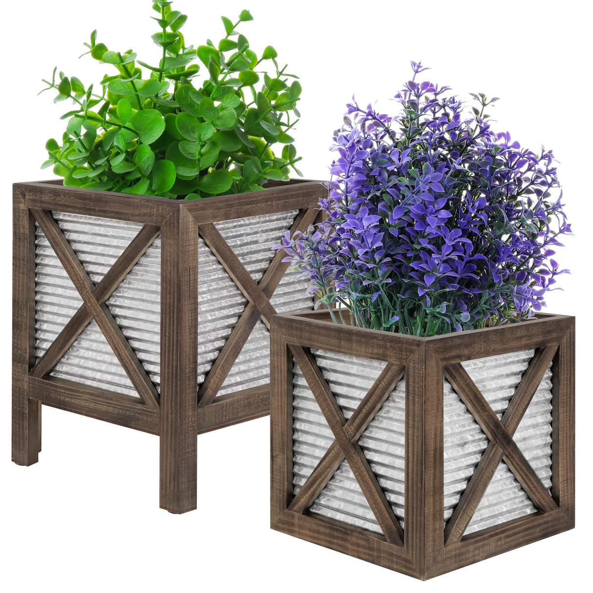 Autumn Alley Farmhouse Front Porch Planters Set of 2 Stand with Galvanized Corrugated Metal Planters for Outdoors/Indoors - Rustic Wood Square Planters Box on Legs – Charming Farmhouse Décor, Brown Autumn Alley