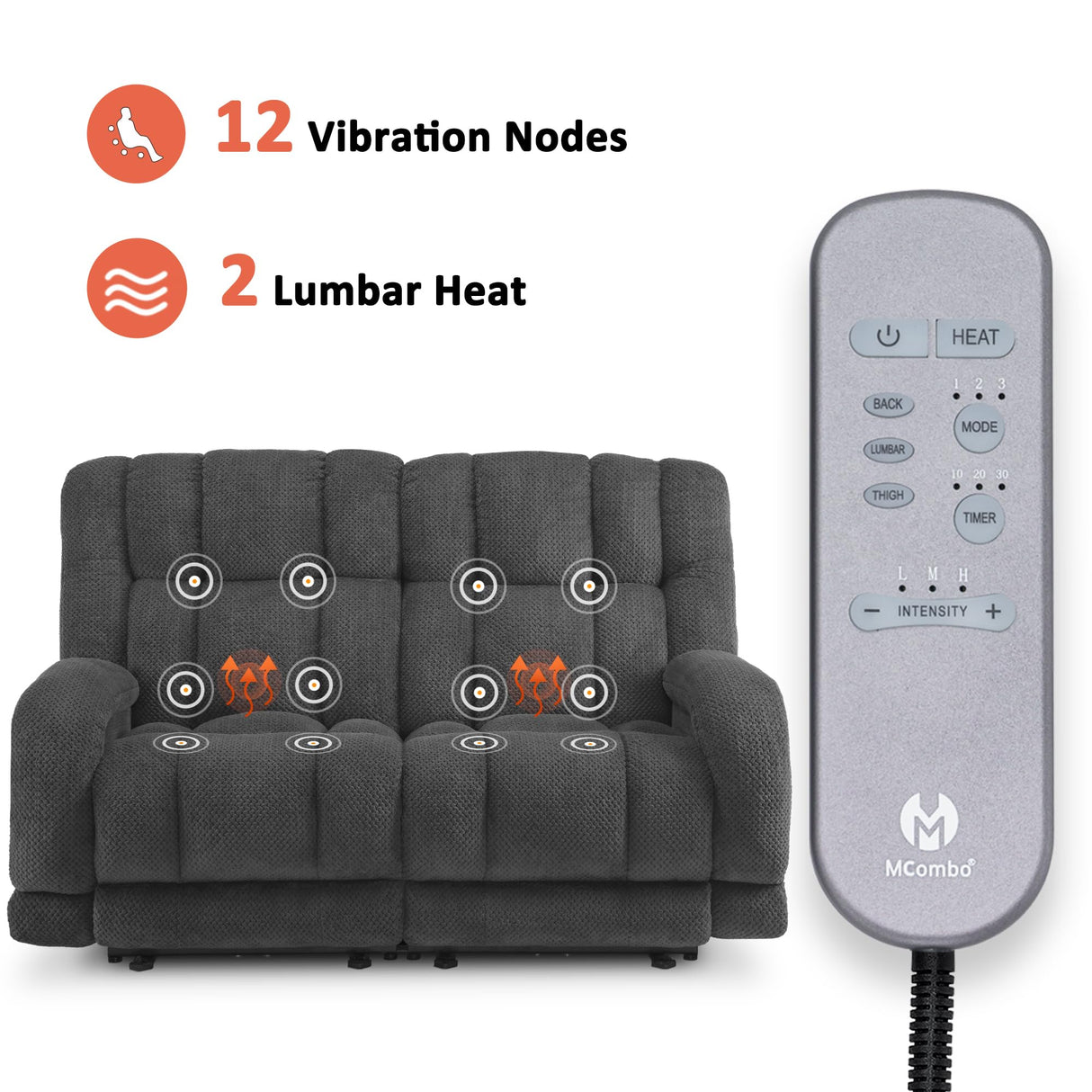 MCombo 64.6" Oversize Power Reclining Loveseat Sofa with Adjustable Headrest, Heat and Vibration Massage, Electric Loveseat Recliner with USB Charge Ports for Living Room 6855 (Dark Grey) MCombo