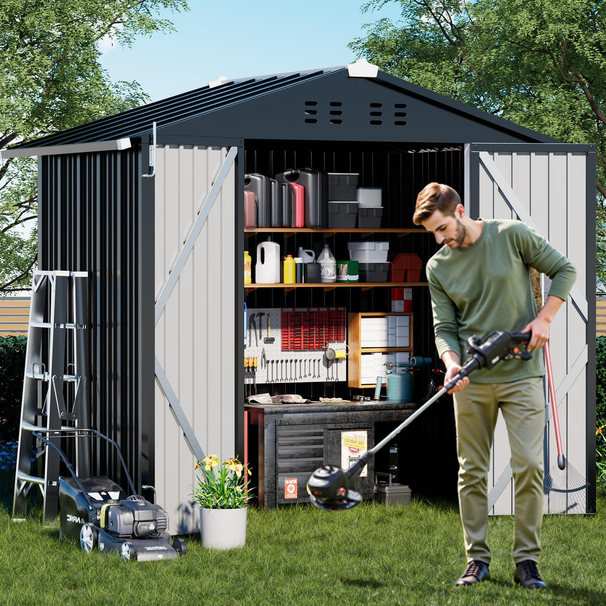 COMHOMA Shed Outdoor Storage Shed Metal,Lockable Doors Tool Sheds with Sloping Roof,Steel Garden Shed with Air Vent for Backyard,Patio,Lawn,Poolside (Dark Grey, 6x4) COMHOMA