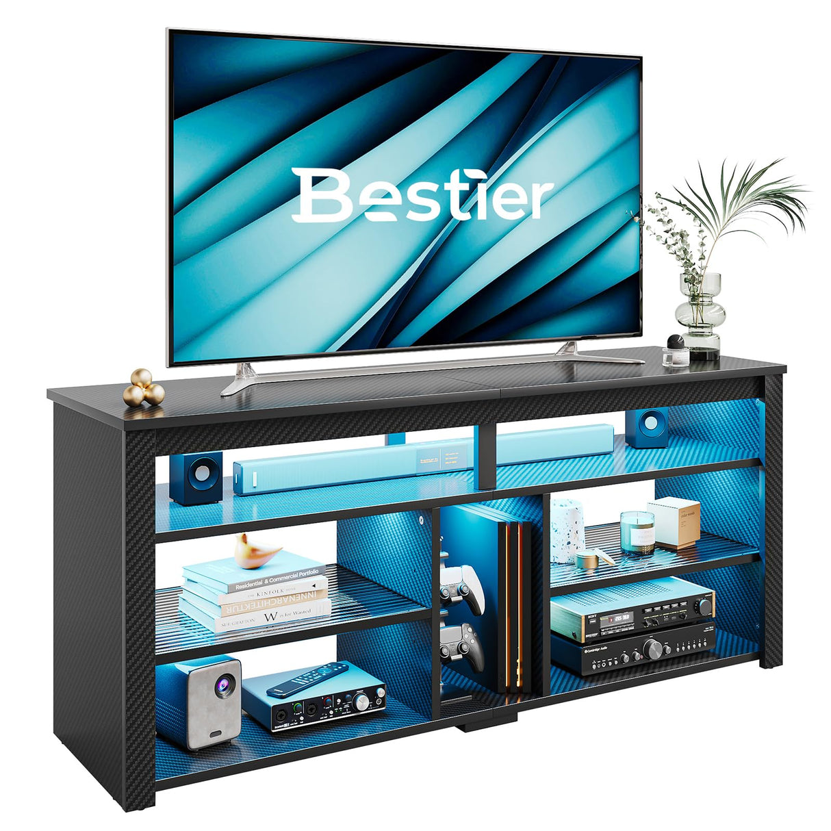 Bestier LED Tall TV Stand, Entertainment Center for 55/60/65 inch TV, Gaming TV Console with Storage for PS5, Adjustable Shelf Modern High TV Cabinet for Living Room Bedroom, Carbon Fiber Black Bestier