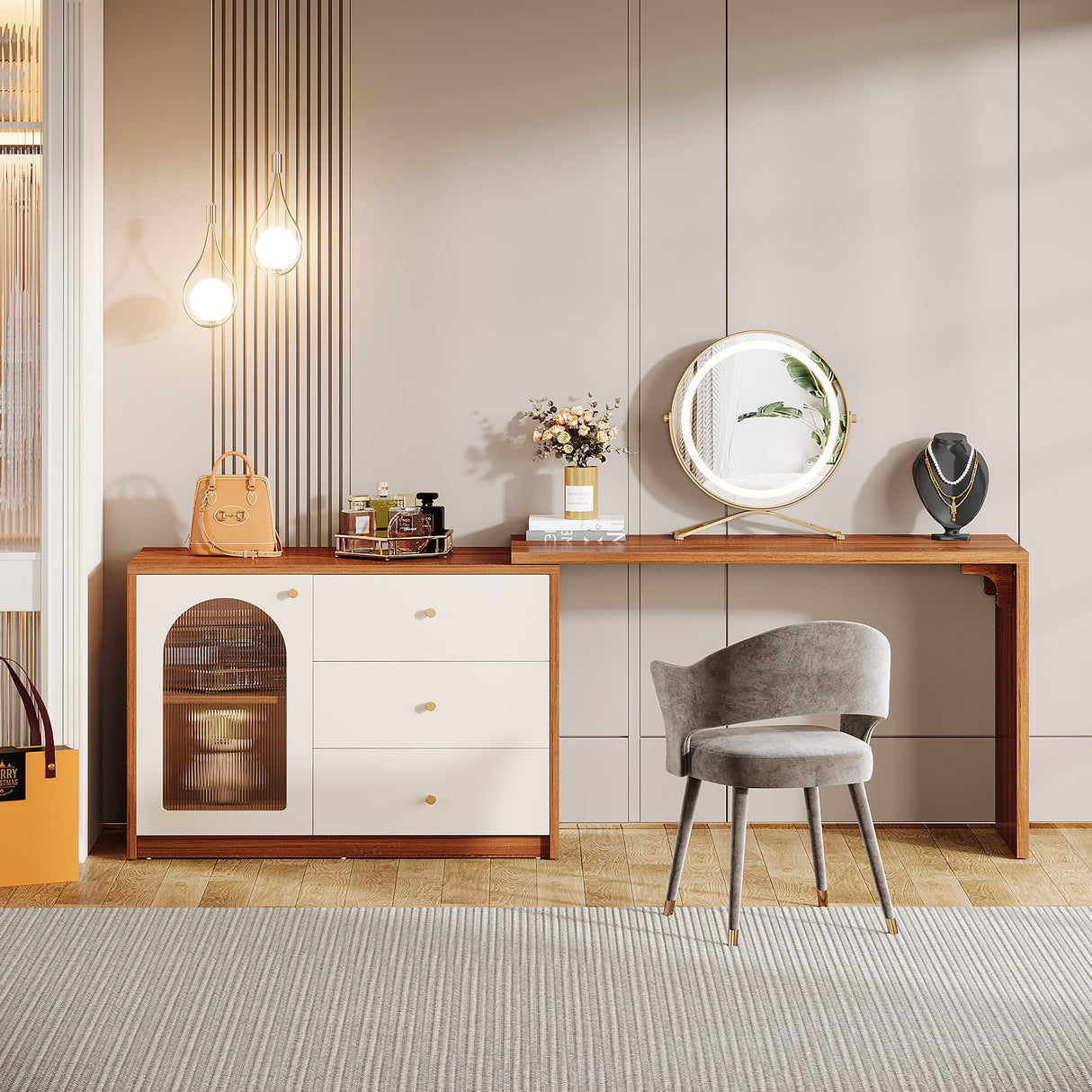 Tribesigns Modern Makeup Vanity, Retractable Large Vanity Desk with 3 Drawers and Cabinet, Makeup Corner Dressing Table for Bedroom, Walnut and White (Without Mirror) Tribesigns