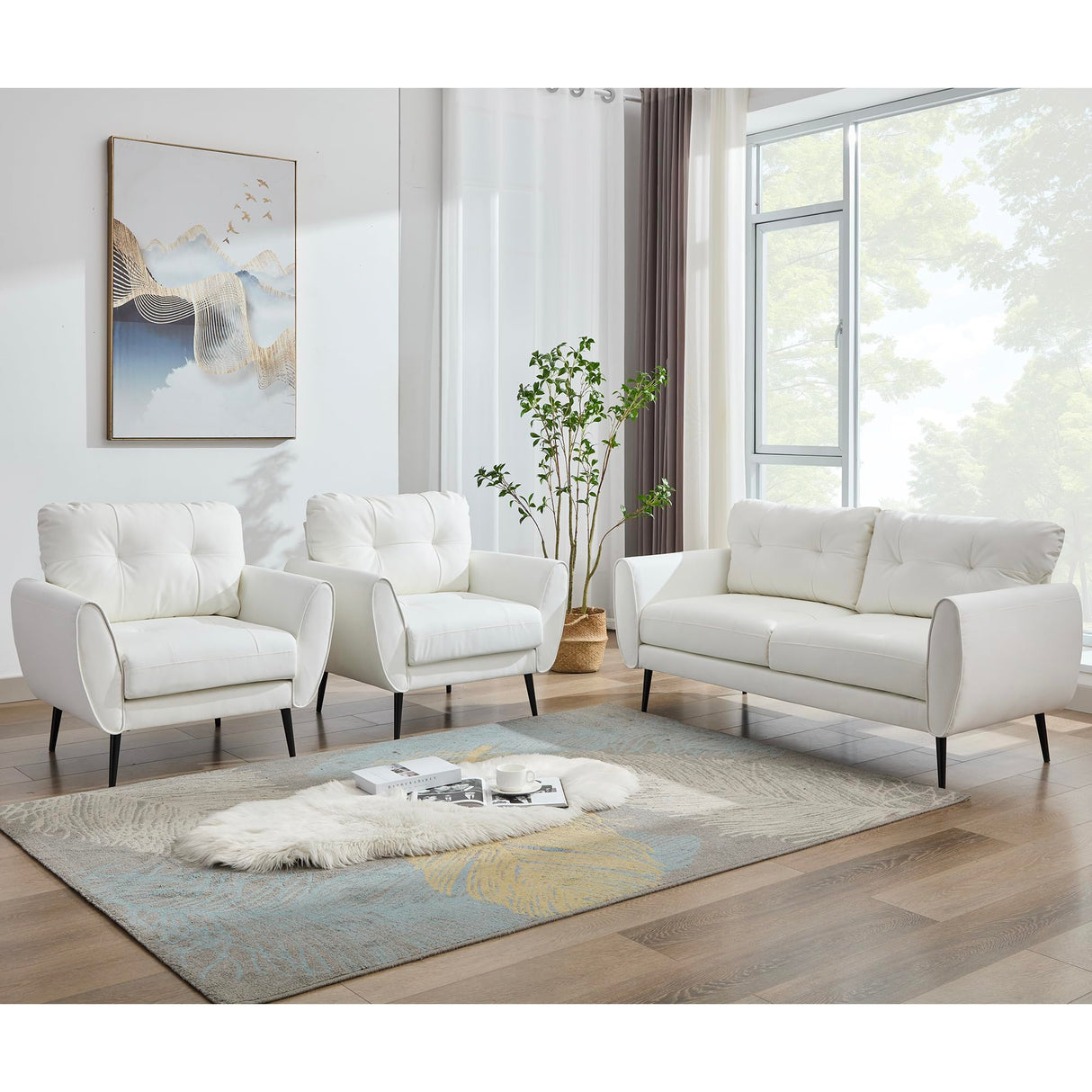 Sofa Couch 61" Small Loveseat Couches for Living Room White Leather Couch Mid Century Modern Tufted Mini Sofa Comfy Office 2 Seat Settee Love Seat Small Couches for Small Spaces Bedroom (3, White) TYBOATLE