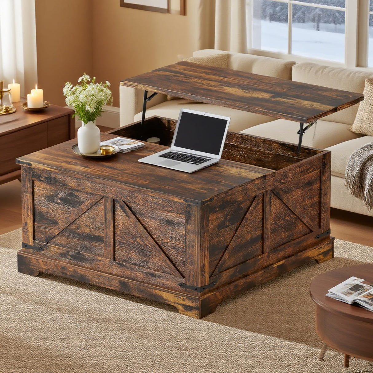 Vabches 35.4" Lift Top Coffee Table, Farmhouse Square Coffee Tables with Storage for Living Room, Center Table with USB Charging Station and Hidden Space, Grey Vabches