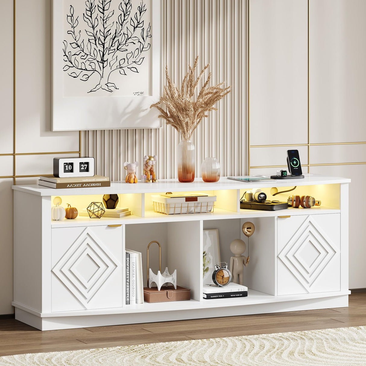 ONBRILL LED TV Stand for 80 Inch TV, Entertainment Center with Power Outlets, Modern TV Console Gaming Media Television Stands with Storage for Living Room, Bedroom, Gaming Room, 70 Inch, White ONBRILL