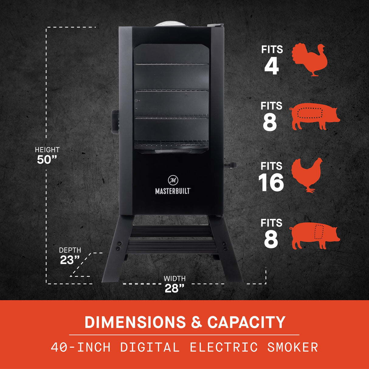 Masterbuilt® 40-inch Digital Electric Vertical BBQ Smoker with Leg Kit, Side Wood Chip Loader and 970 Cooking Square Inches in Black, Model MB20070122 Masterbuilt