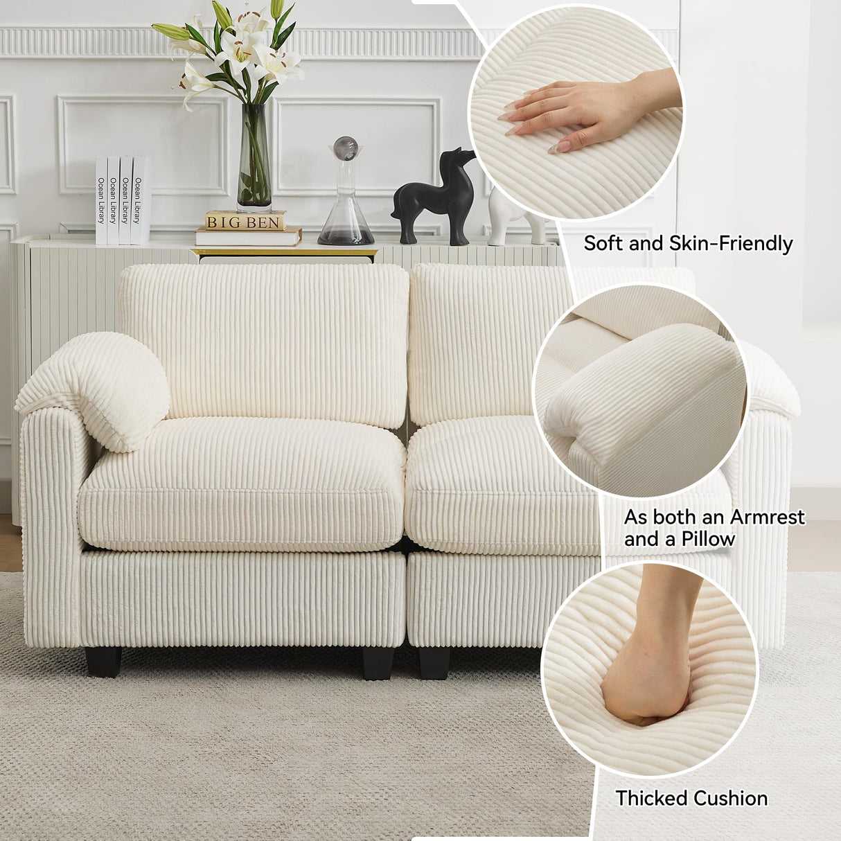 67'' Modular Loveseat Sofa, Extra Deep Seat Cloud Couch for Living Room, Corduroy Deep Seat Sofa with Armrest Pillows, Center Stitched, Beige Hatppto