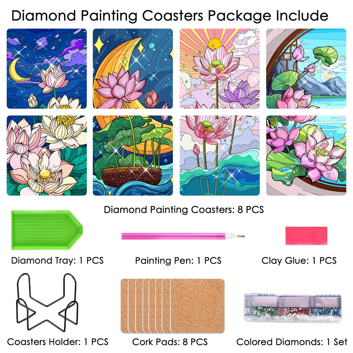 TDOOW Diamond Painting Coasters Kits, 8 Pcs Diamond Art Coasters with Holder, Crafts Kits for DIY Coasters, Diamond Art Kits for Adults-Square Lotus Pattern TDOOW