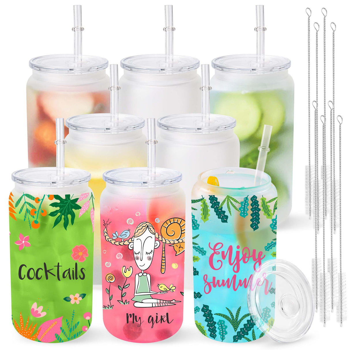Joyclub 8 Pack Sublimation Cups 16 OZ Frosted Glass Cans Blanks with Clear Lids Mason Jars for Iced Coffee Beer Juice and Soda Drinks Joyclub