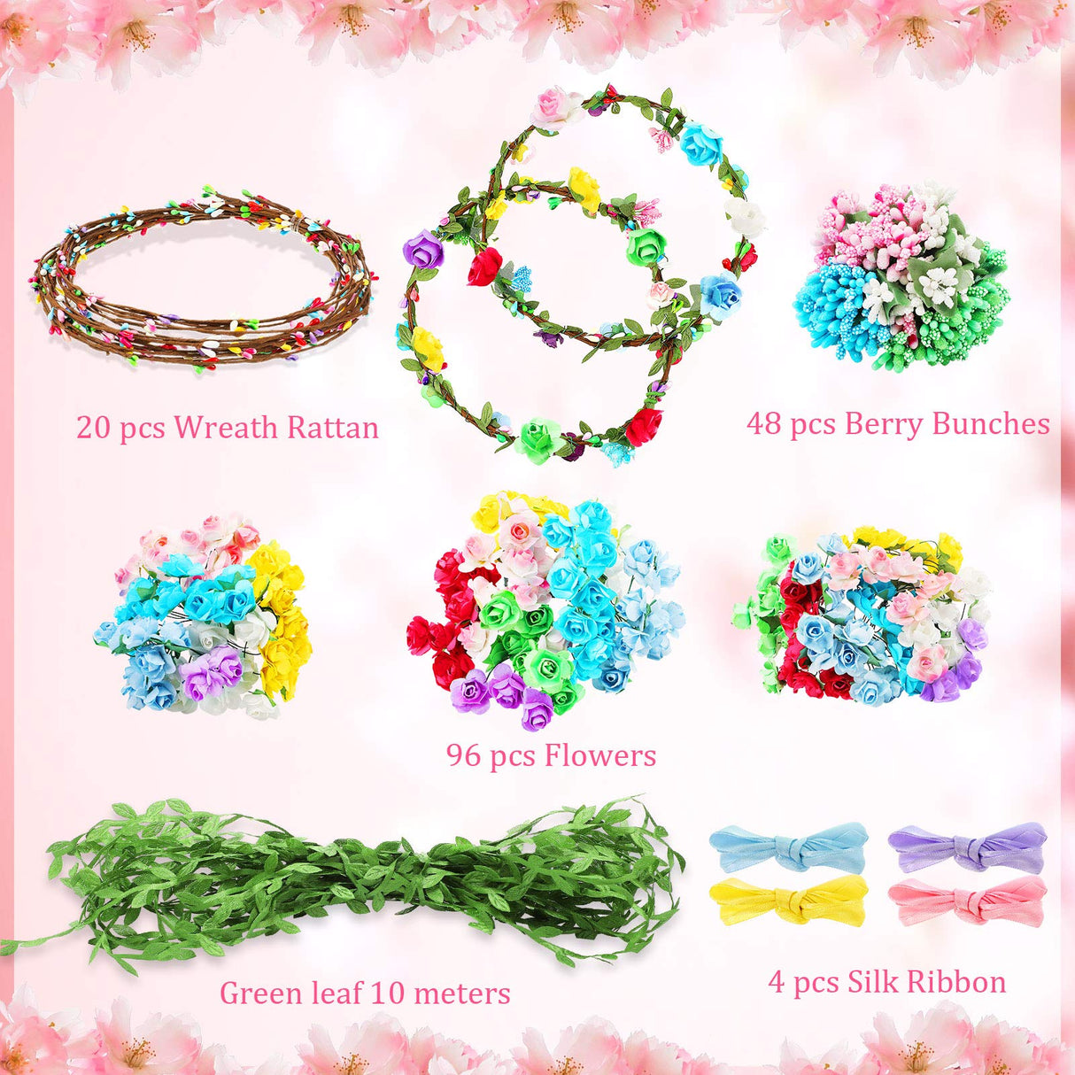 Syhood 20 Sets Flower Crowns Making Kit, Make Your Own Flower Crown Wreath Headbands and Bracelets Craft Kit Hair Accessories Handmade DIY Floral Garland Presents for Girls Syhood