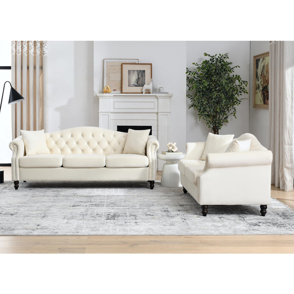 LyuHome 5-Seater Chesterfield Velvet Sofa Set,Tufted Sofa Couch Set with Rolled Arms and Nail Head for Living Room,Office,Apartment,Beige(3-Seater + 2-Seater) LyuHome
