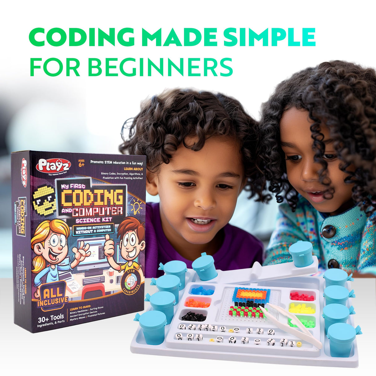 Playz My First Coding & Computer Science Kit - Learn About Binary Codes, Encryption, Algorithms & Pixelation Through Fun Puzzling Activities Without Using a Computer for Boys, Girls, Teenagers, Kids Playz