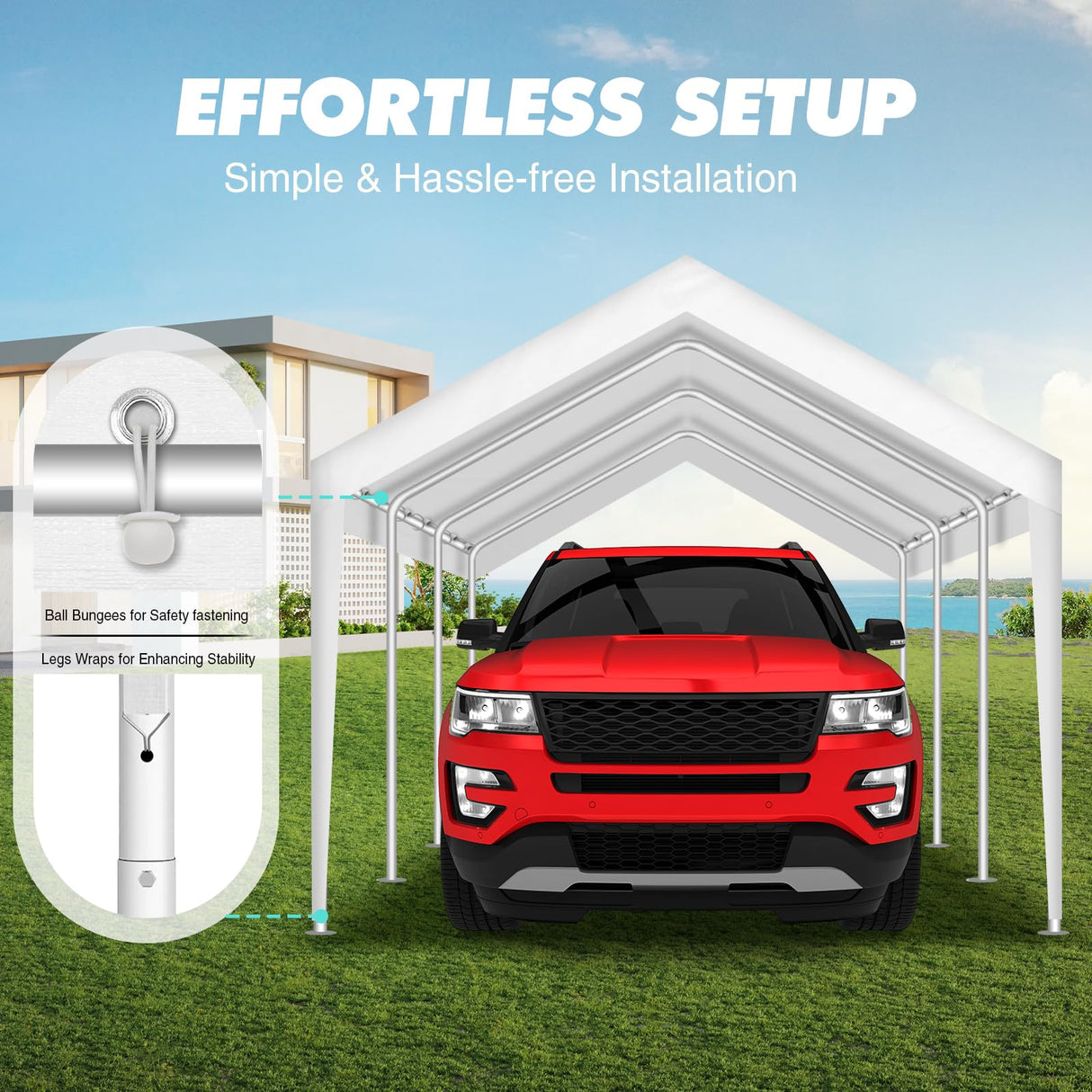 10x20FT Carport Canopy Replacement Cover Heavy Duty Waterproof & UV Protected, All Weather Car Shade Canopy with Ball Bungees (White, 10'x20', Frame is not Included) Inmeilifus