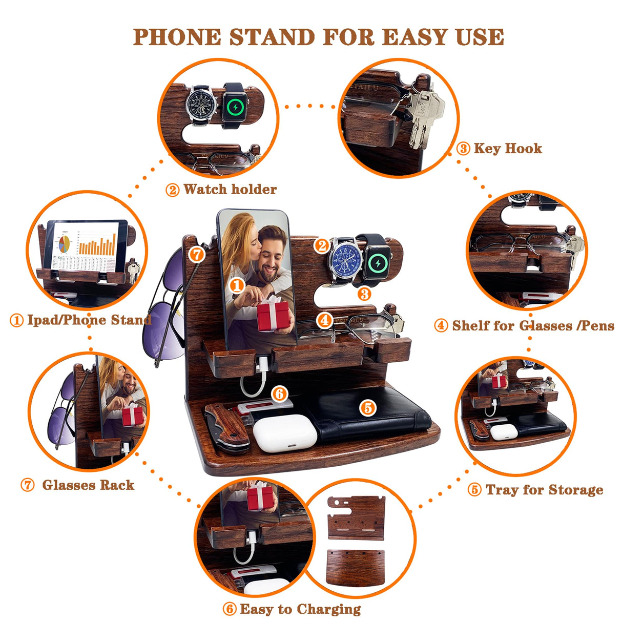 VEIYAILU Gifts for Men Women Dad Husband Boyfriend Wood Phone Docking Station Nightstand Organizer for Men(Dark Brown) VEIYAILU