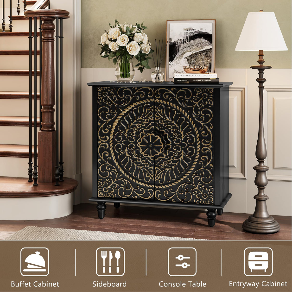 ARTPOWER Accent Cabinet with 2 Doors, Decorative Storage Cabinet with Carved Flower Pattern, Black Sideboard Buffet Cabinet, Wood Credenza with Storage for Entryway, Living Room, Kitchen, Dining Room ARTPOWER