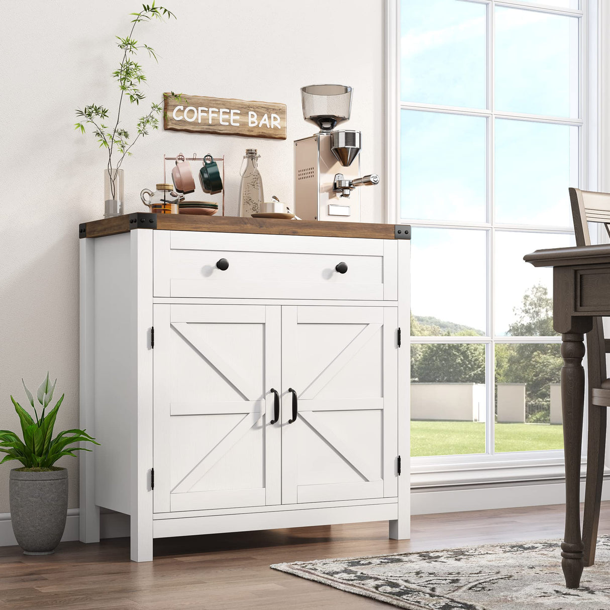 HOSTACK Coffee Bar Cabinet, Modern Farmhouse Buffet Sideboard with Drawer and Adjustable Shelf, Barn Door Storage Cabinet for Kitchen, Dining Room, Bathroom, Entryway, White HOSTACK