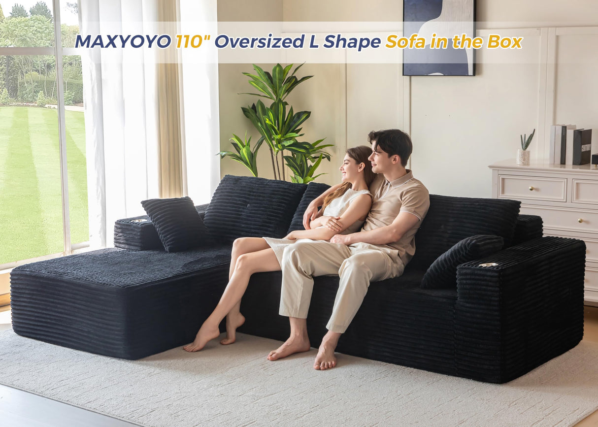 MAXYOYO 104" Modular Sectional Couch with L-Shape Chaise, Modern Boneless Couch for Living Room, Sofa in A Box, Oversized Sofa Sleeper with Deep Seat, No Assembly Required, Black MAXYOYO