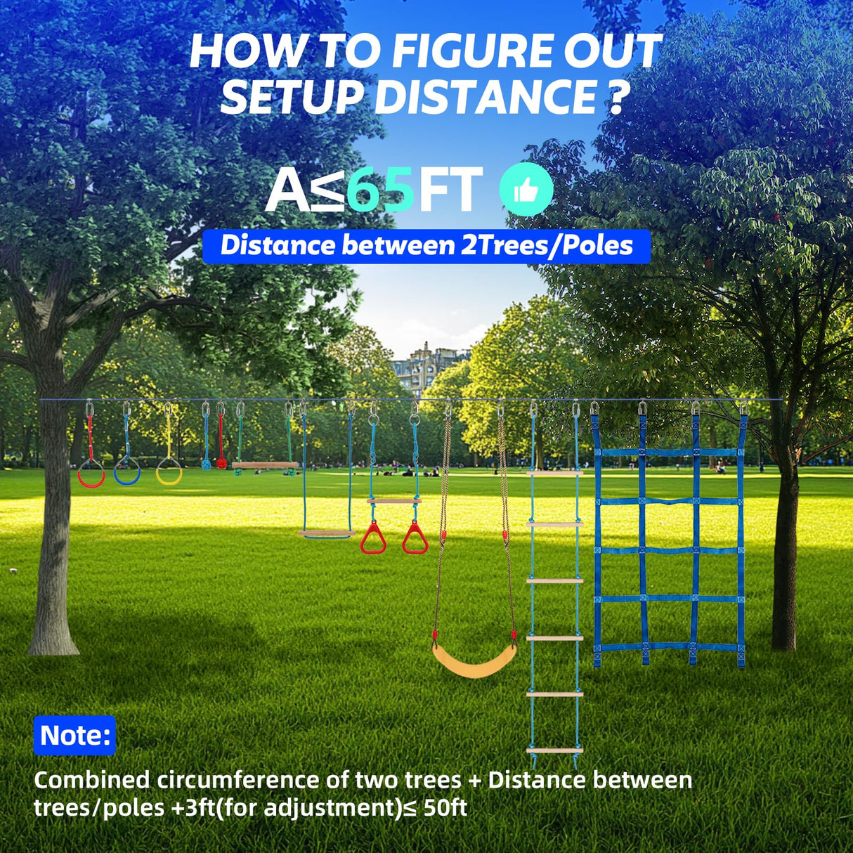 Dollate Ninja Warrior Obstacle Course for Kids - 65FT, Outdoor Obstacle Course 14 Accessories, Swings, Monkey Bars, Arm Trainers - Suitable for Boys and Girls 3+ - 440 lbs Capacity Dollate