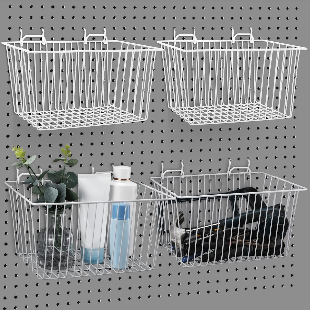 Sieral 4 Pack Pegboard Baskets, Pegboard Hooks Assortment Various Tools Storage, Pegboard Parts Storage System Peg Board Workbench Metal Wire Shelves for Organizing Hardware Attachments Sieral