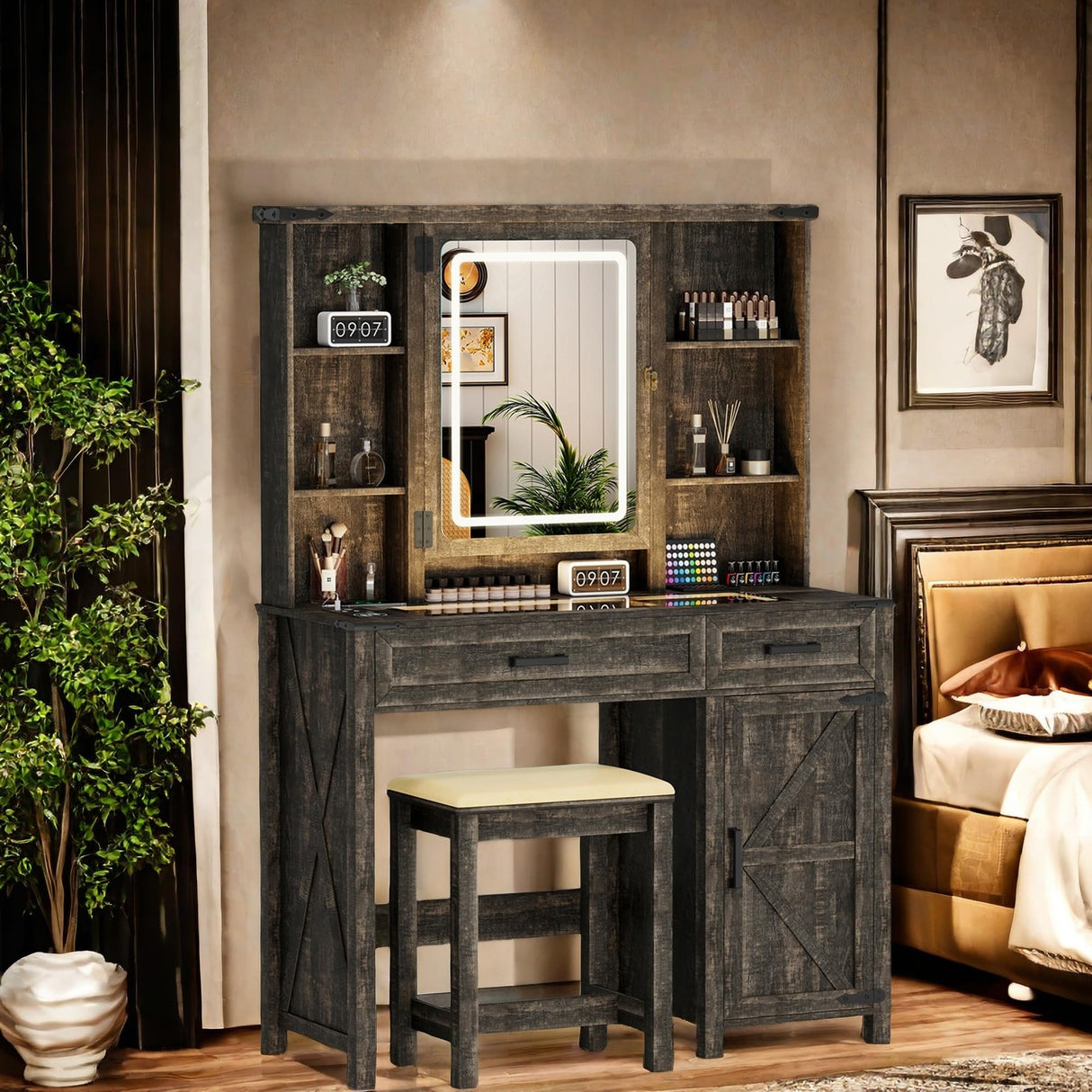 GlasFlength Farmhouse Makeup Vanity with Lighted Mirror,Vanity Desk with Charging Station,Vanity Table with Hidden Jewelry Cabinet,40'' Makeup Table with Glass Tabletop,Stool Included,Vintage Black GlasFlength