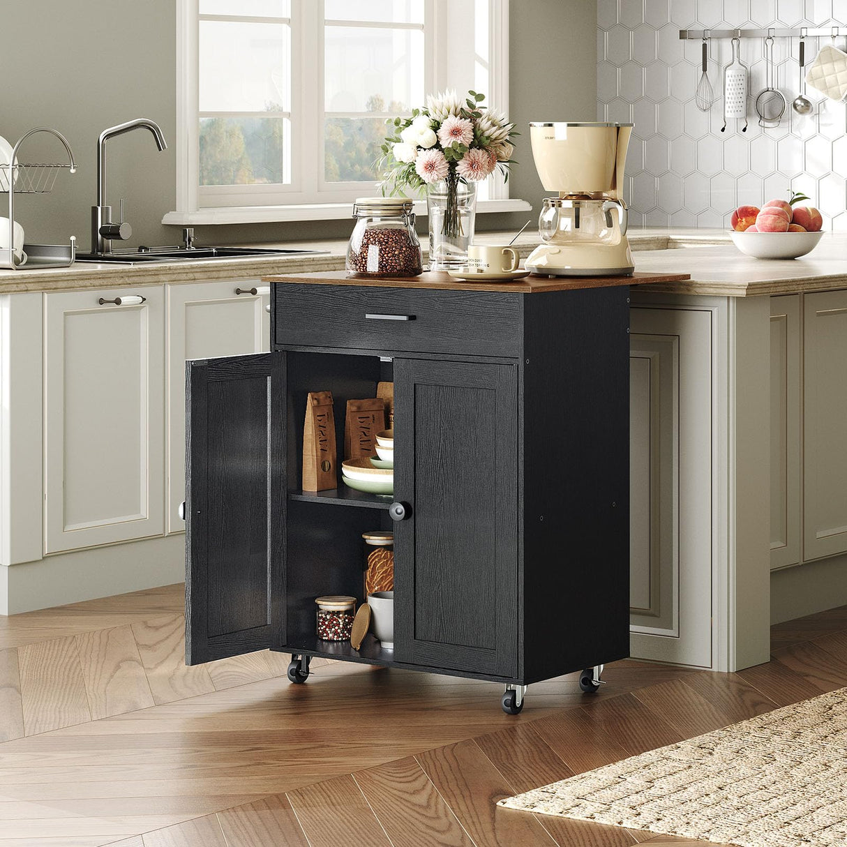 CHOEZON Kitchen Island Cart with Storage, Kitchen Island Table with Charging Station, Rolling Island Cart for Kitchen, 3 AC Outlets, Expandable Tabletop, Black and Rustic Brown MZD01UBFN1 CHOEZON