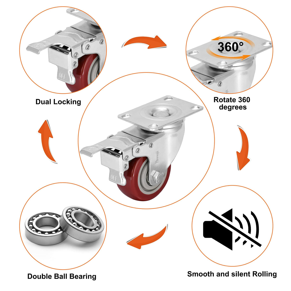 3 inch Heavy Duty Casters Load 1500lbs,Lockable Bearing Caster Wheels with Brakes,Swivel Casters for Furniture and Workbench,Set of 4 (Free Screws) Moogiitools