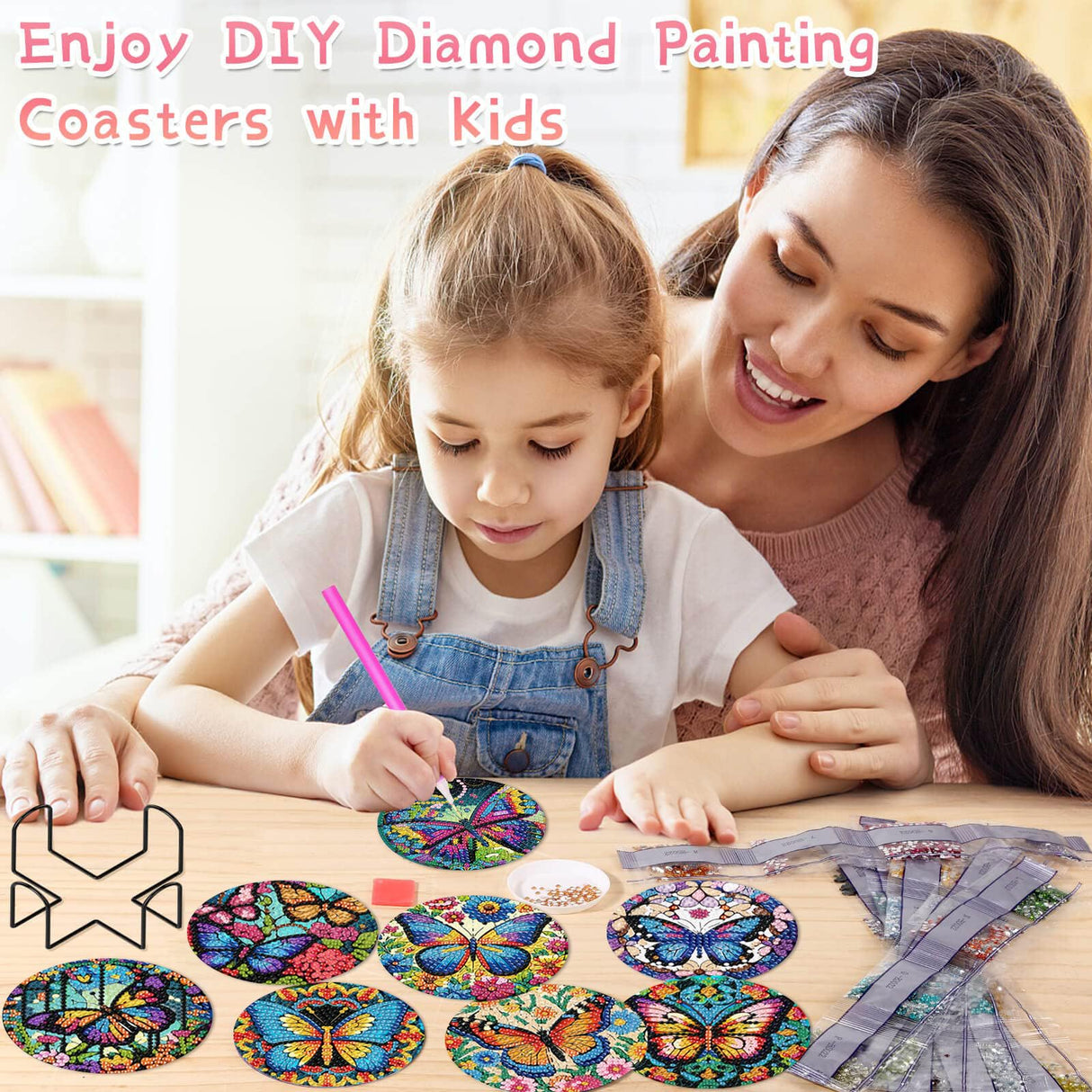 Mrnsiet 8 Pcs Butterfly Diamond Painting Coasters Kits with Holder, DIY Butterfly Diamond Art Coaster Non Slip Coaster for Tabletop Protection 4x4 Inch Mrnsiet