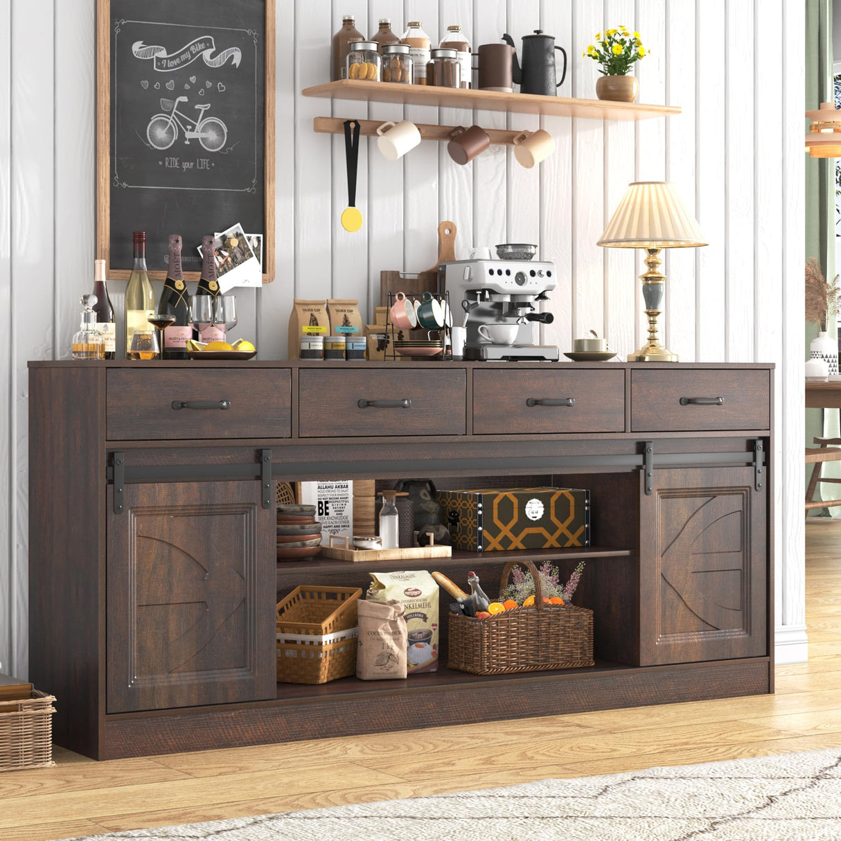 chartustriable 70” Large Long Buffet Sideboard Cabinet w/4 Drawer,Farmhouse Buffet Storage Cabinet,Sliding Door,Buffet Coffee Bar Cabinet, Credenza for Living Room, Brown chartustriable
