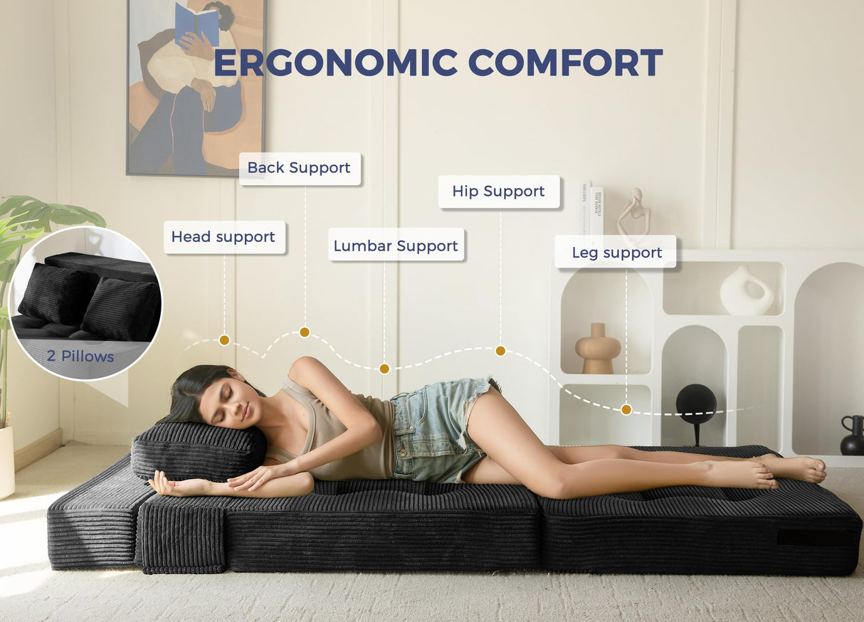 MAXYOYO Convertible Sofa Bed, Fold Out Loveseat Sleeper Sofa with Pillow, 4 in 1 Tufted Folding Couch Bed Foam Floor Couch, Lazy Chair for Living Room Bedroom Guest Room, Black MAXYOYO