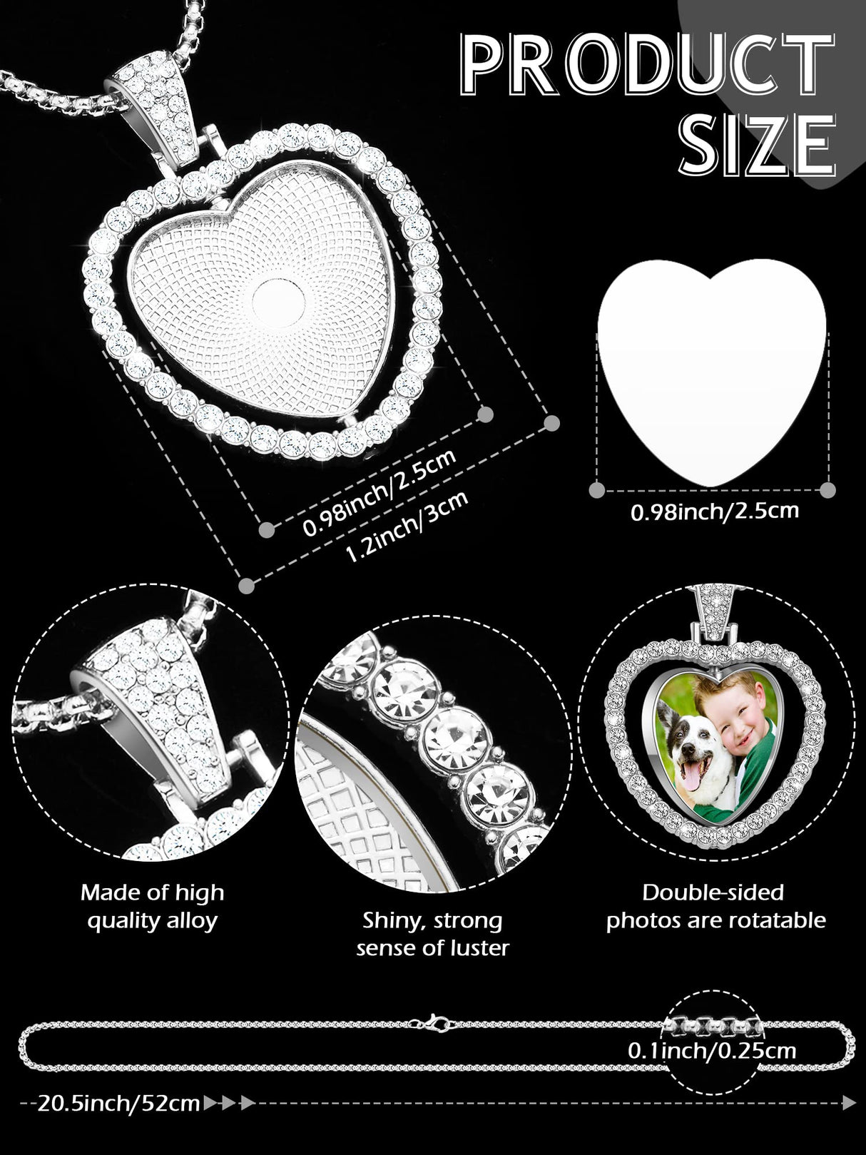 Junkin 24 Pcs Sublimation Rhinestone Trays Pendant Set, Including 6 Heart Shape Double Sided Blank Rhinestone Bezel Trays, 6 Pcs Thick Chains with 12 Sublimation Discs for Making (Silver) Junkin