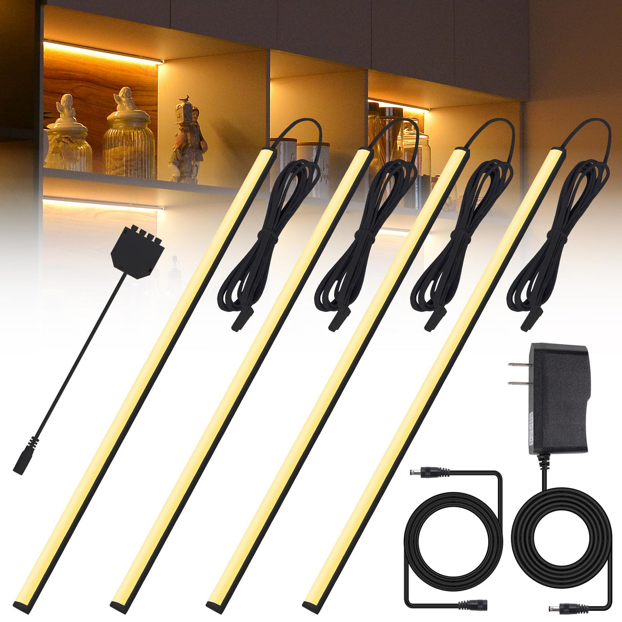 JUSJUBR Black Display Shelf Lighting, 4 Pack x12 Inch Display Lights for Display Case, LED Display Lights with Memory Function, Display Cabinet Lights for Pantry/Shelf/Case, Warm White 3000K JUSJUBR