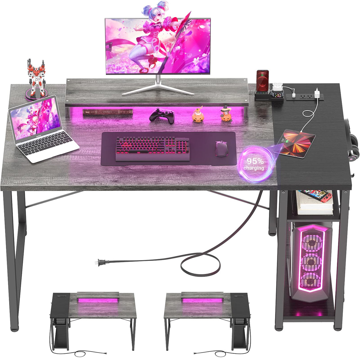 armocity Computer Desk with LED, Gaming Desk with Outlets, 40 Reversible Laptop Table with Monitor Stand, Small Desk for Small Spaces, Grey/Black armocity