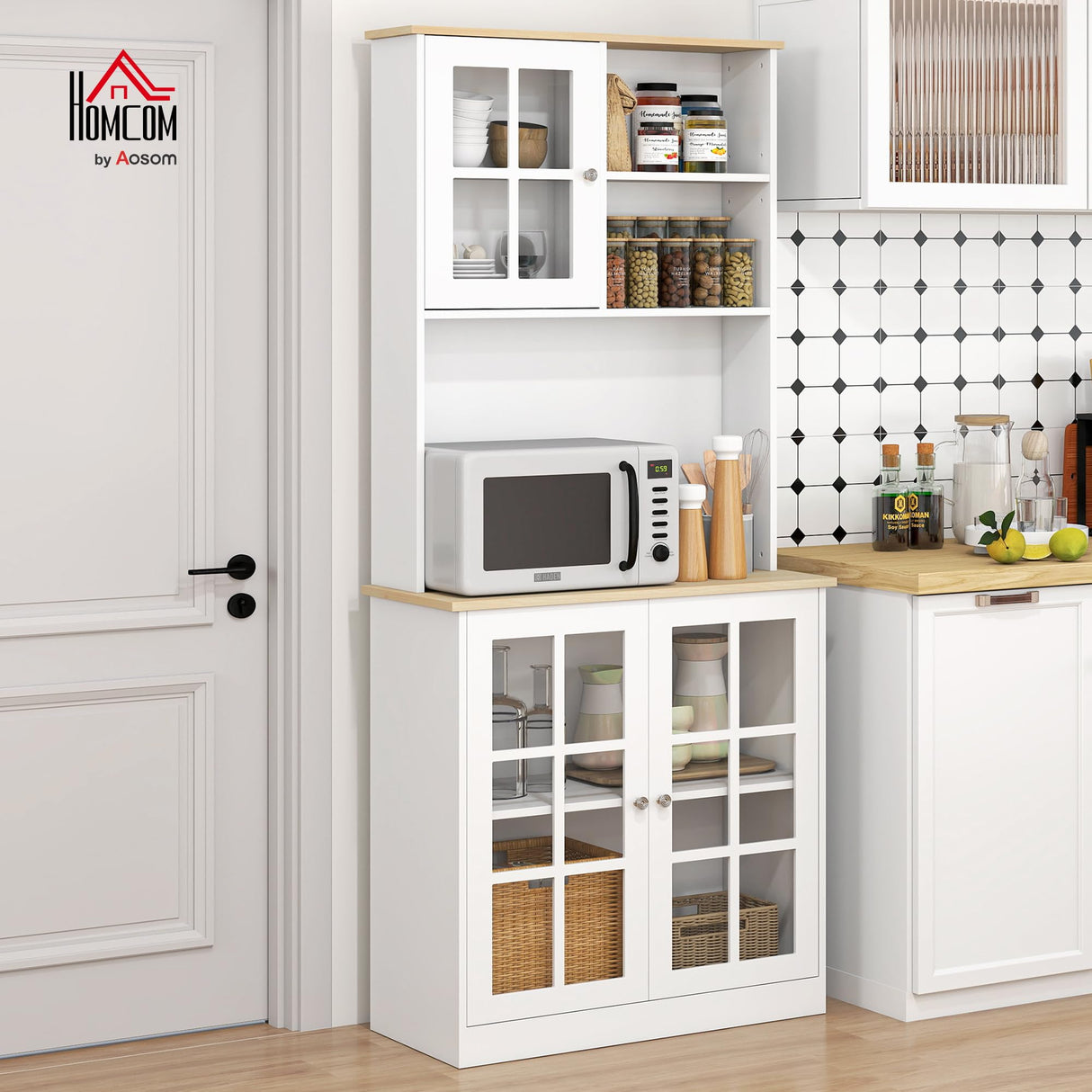 HOMCOM Kitchen Pantry Storage Cabinet, 72" Freestanding Cabinet with Hutch, Large Countertop, Glass Doors and Adjustable Shelves for Dining Room, Pure White HOMCOM