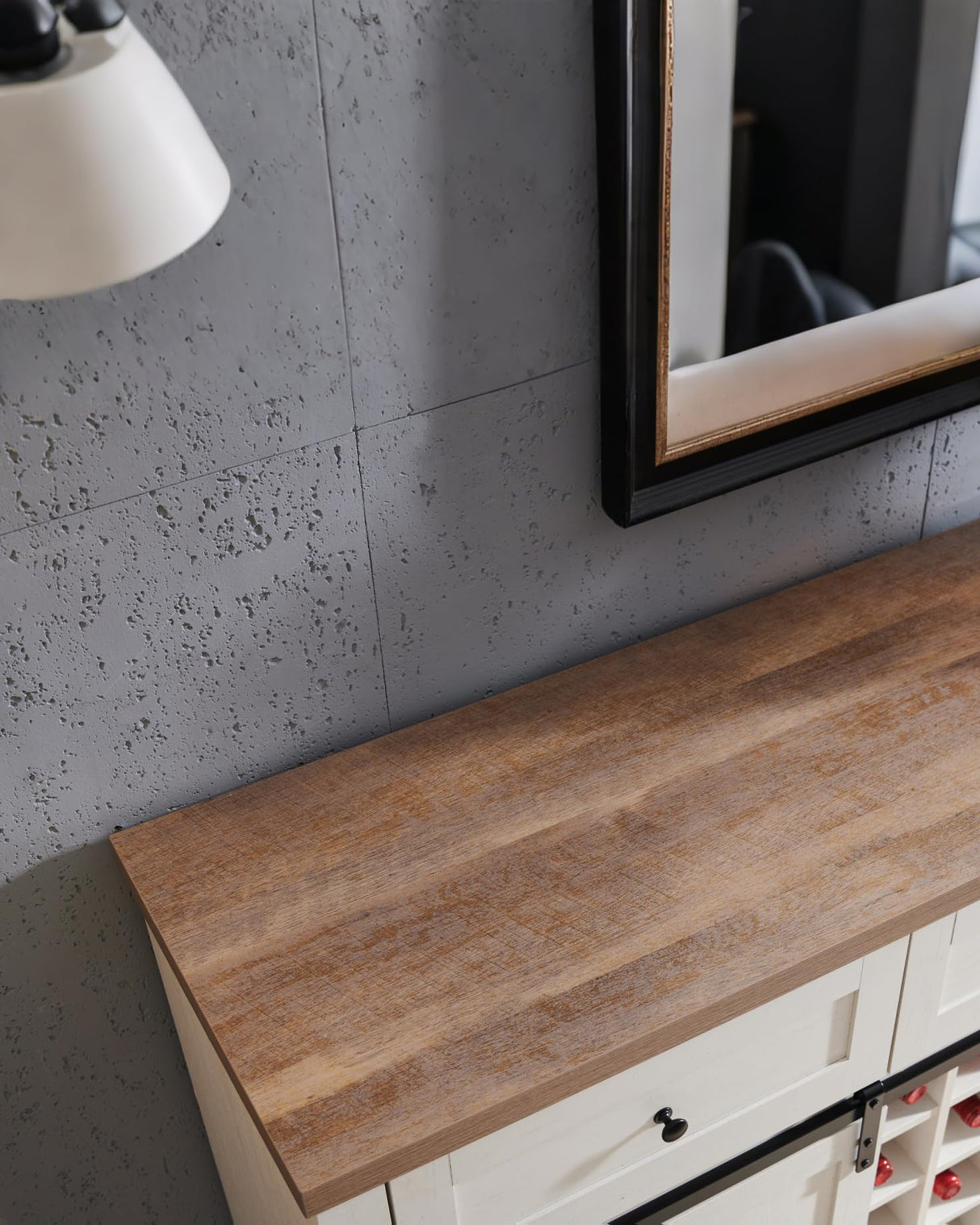 Kavonty Farmhouse Wine Bar Cabinet with Sliding Barn Door, Kitchen Coffee Bar Cabinet with Wine Rack, Storage Shelves, 3 Drawers, Large Buffet Sideboard for Dining Room, Antique White Kavonty