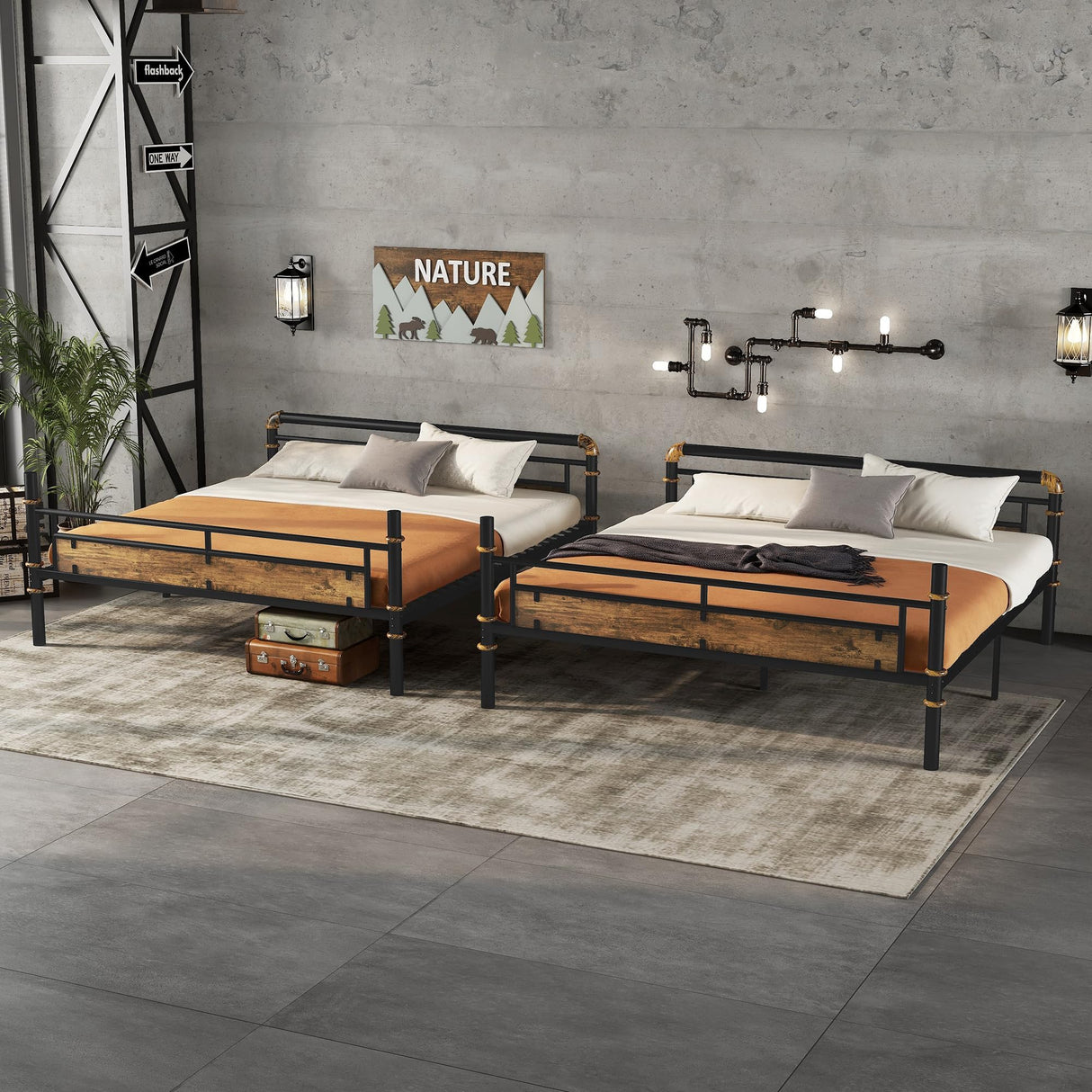 Queen Over Queen Bunk Bed, Heavy Duty Metal Bunk Beds with Ladder for Kids Adults, Space-Saving Bunk Bed with Safety Guardrails and Wood Headboard, Convertible into 2 Beds, No Box Spring Needed, Black RuiSiSi