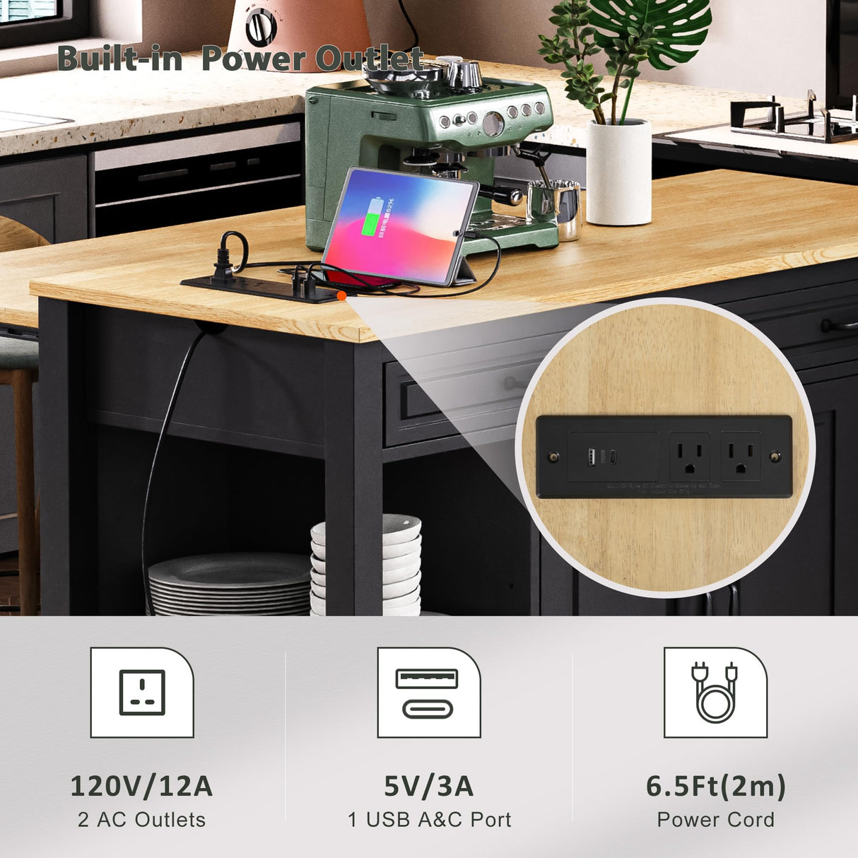 Merax Rolling Kitchen Island on Wheels with Extendable Dining Table & Power Outlet, Wood Kitchen Cart on Wheels with Internal Storage Rack,2 Drawers & 2 Cabinets, 47" Wide Black Merax