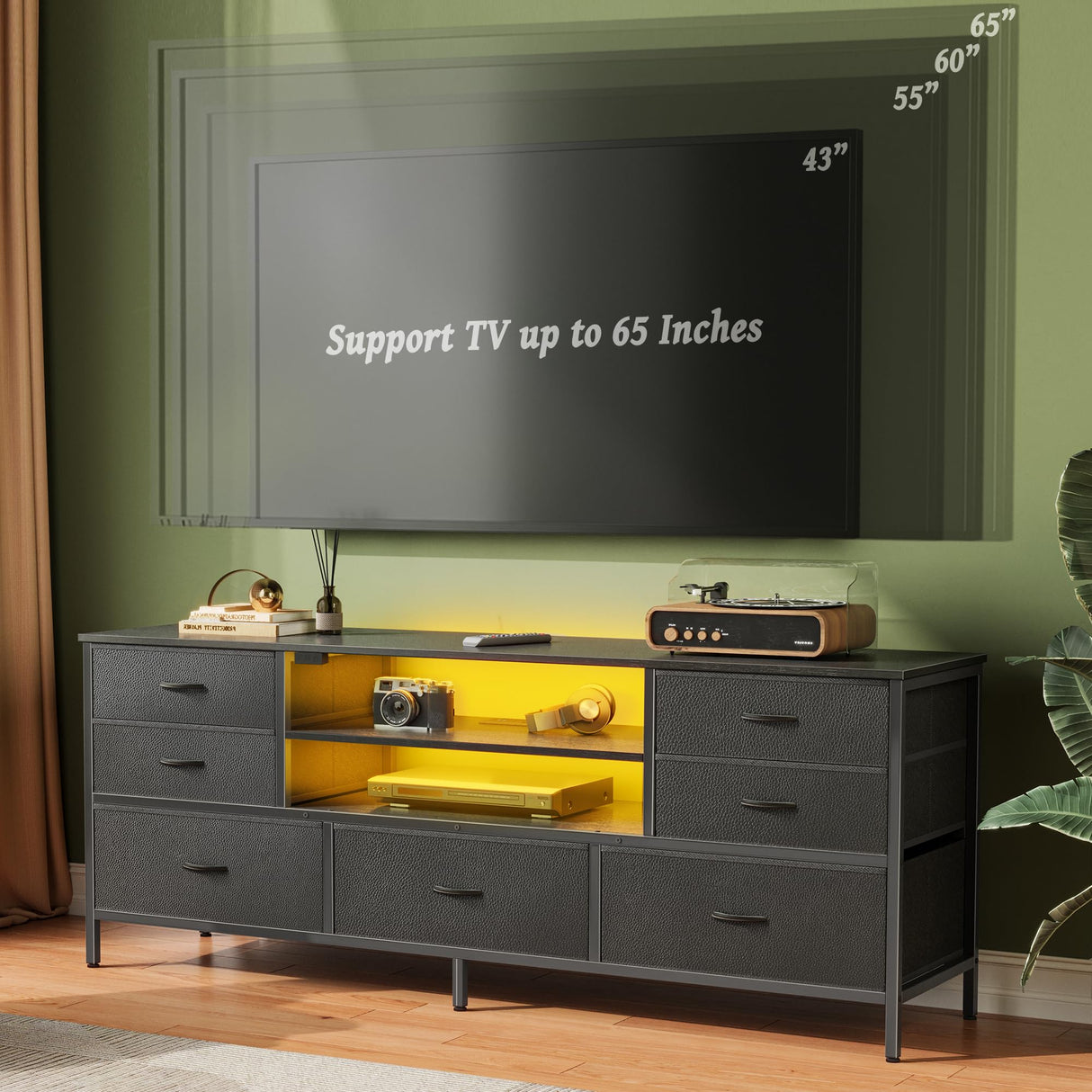 Huuger Dresser for Bedroom With Power Outlets and LED Lights, 7 Drawers TV Stand for 60 Inch TV, Console With Open Shelf, 55 Inches Wide Black, PU Leather Huuger