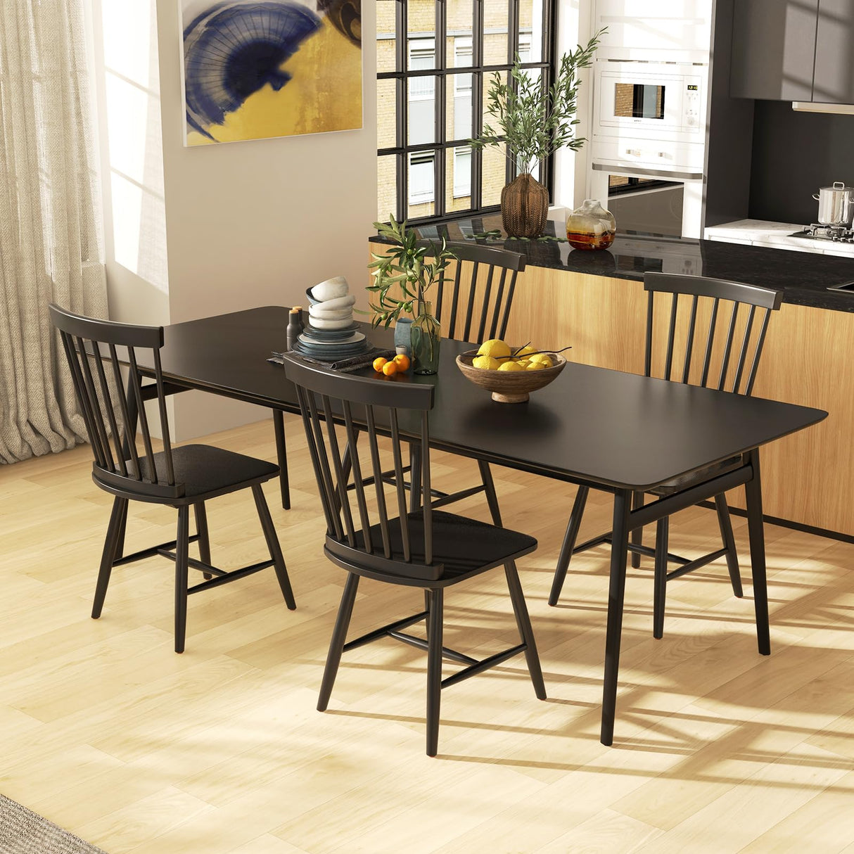 Giantex Wood Dining Chairs Set of 2, Solid Wood Windsor Dining Chair with Wide Seat, Max Load 400 Lbs, Country Wooden Slat Back Dining Room Chairs, Farmhouse Spindle Dining Chairs, Black Giantex