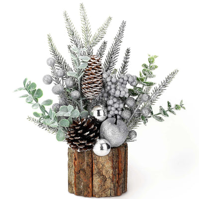 Small Christmas Tree Tabletop Artificial Mini Christmas Tree Decorations with Holiday Ornaments Red Berry Pine Cone Greenery for Home Indoor Fireplace Mantel Xmas Decor (Tree Stump-Silver)