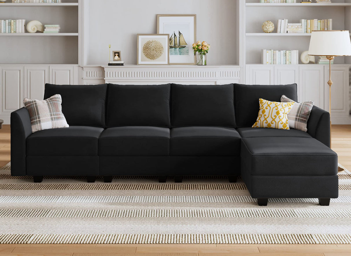 HONBAY Modular Sectional Sofa Velvet L Shaped Couch with Storage Ottoman Convertible Sectional Couch 4-Seat Sofa with Reversible Chaise, Black HONBAY