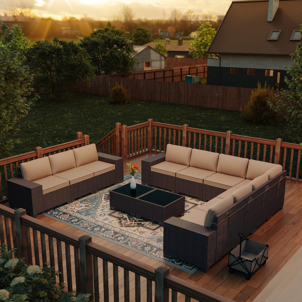 RTDTD Outdoor Patio Furniture Set, 12 Pieces Outdoor Furniture All Weather Patio Sectional Sofa PE Wicker Modular Conversation Sets with Coffee Table,10 Chairs & Seat ClipsBrown. RTDTD