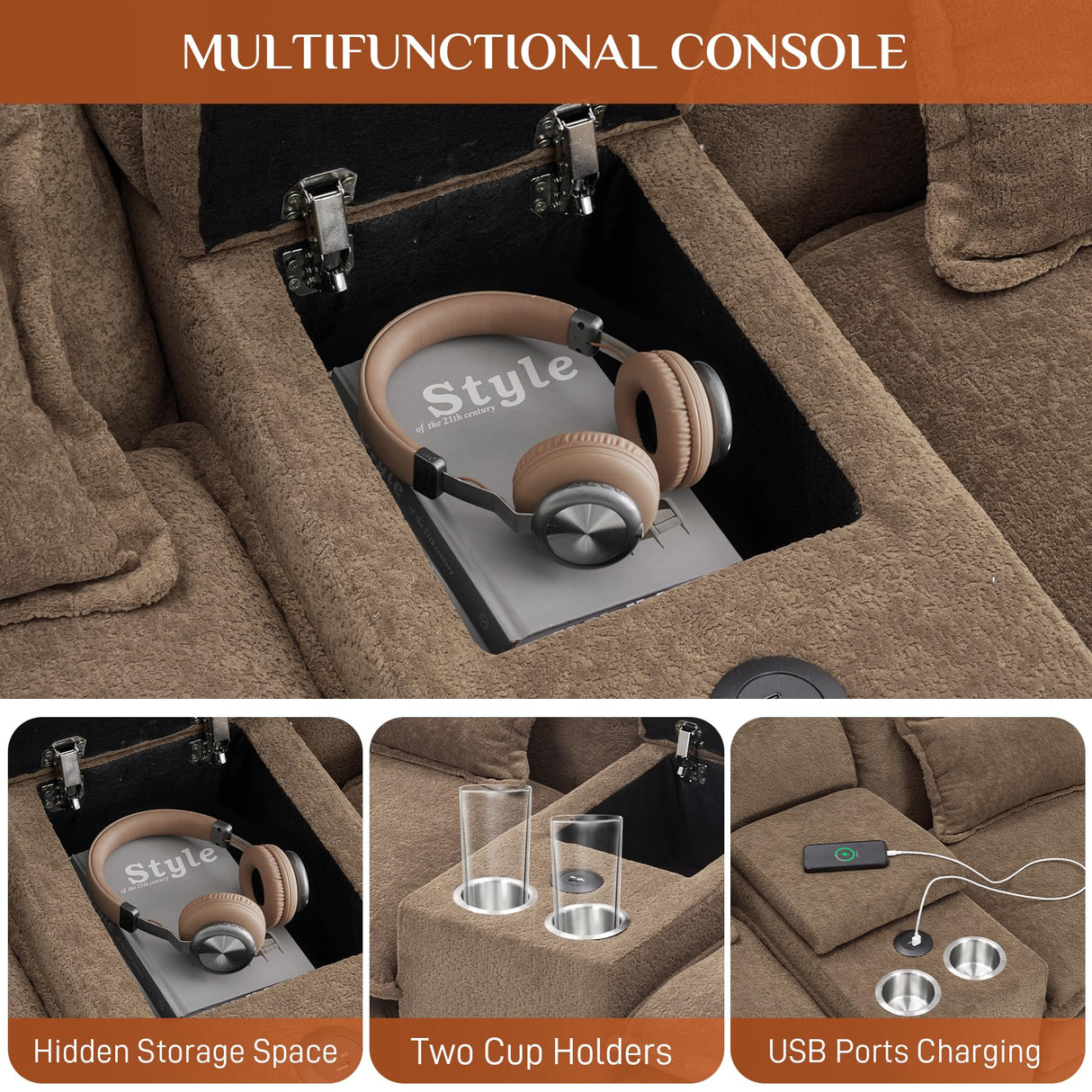 ONEMMLION U Shaped Cloud Couch Sectional Sofa, 124" Comfy Fluffy Chenille Brown Sectional Couches for Living Room with Double Chaise Lounge, Modern Modular Sofa with Central Console USB Port ONEMMLION