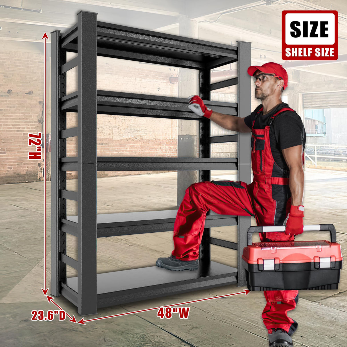 SFTORMAS 48" W Garage Shelving Heavy Duty Storage Shelves Adjustable 5 Tier Metal Shelves for Garage Warehouse Basement Industrial Utility Racks,Black SFTORMAS