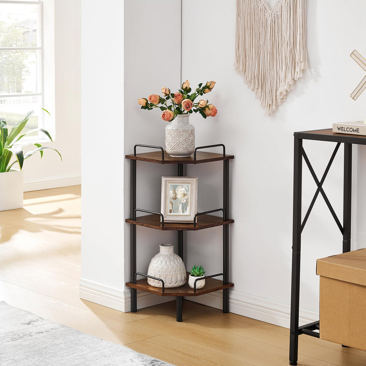 Tajsoon 3-Tier Industrial Corner Shelf Stand in Rustic Brown - Versatile Display Unit for Any Room Tajsoon