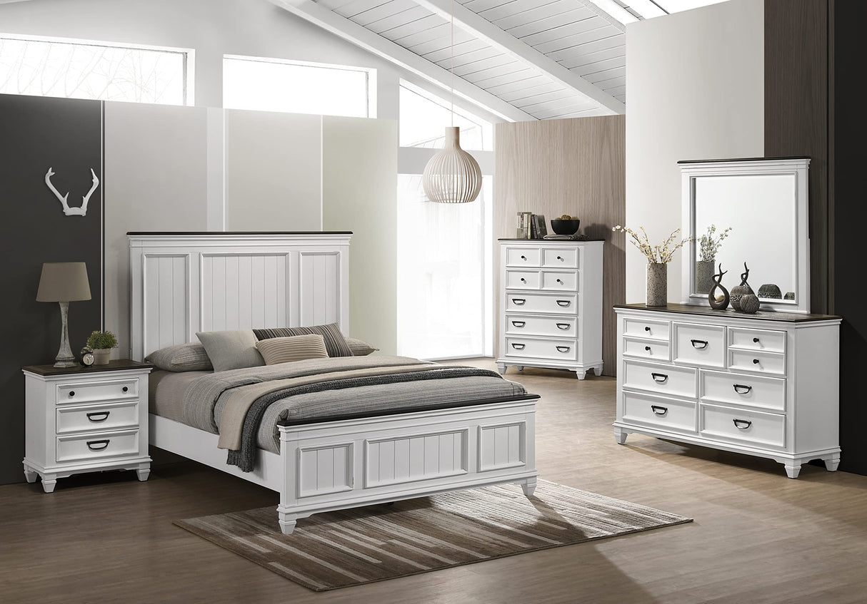 Roundhill Furniture Clelane Wood Bedroom Set with Shiplap Panel Bed, Dresser, Mirror, Nightstand, and Chest, Queen, Weathered White and Walnut Roundhill Furniture