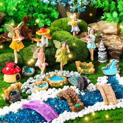 Unittype 19 Pcs Miniatures Fairy Gnome Resin Figures Garden Accessories Mushroom House Figures Fake Pond Lawn Bridge Figurines Terrarium Ornaments Garden Decoration for Outside(Fairy)