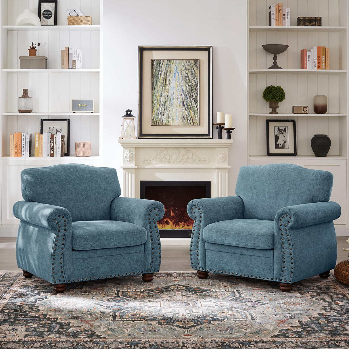 ONBRILL Nailhead Trim Armchair, Rolled Arm Accent Chair for Living Room, Comfy Chenille Club Sofa Chair w/Springs Cushions & Wood Legs, Traditional Single Couch Chair for Apartment, Farmhouse, Teal ONBRILL