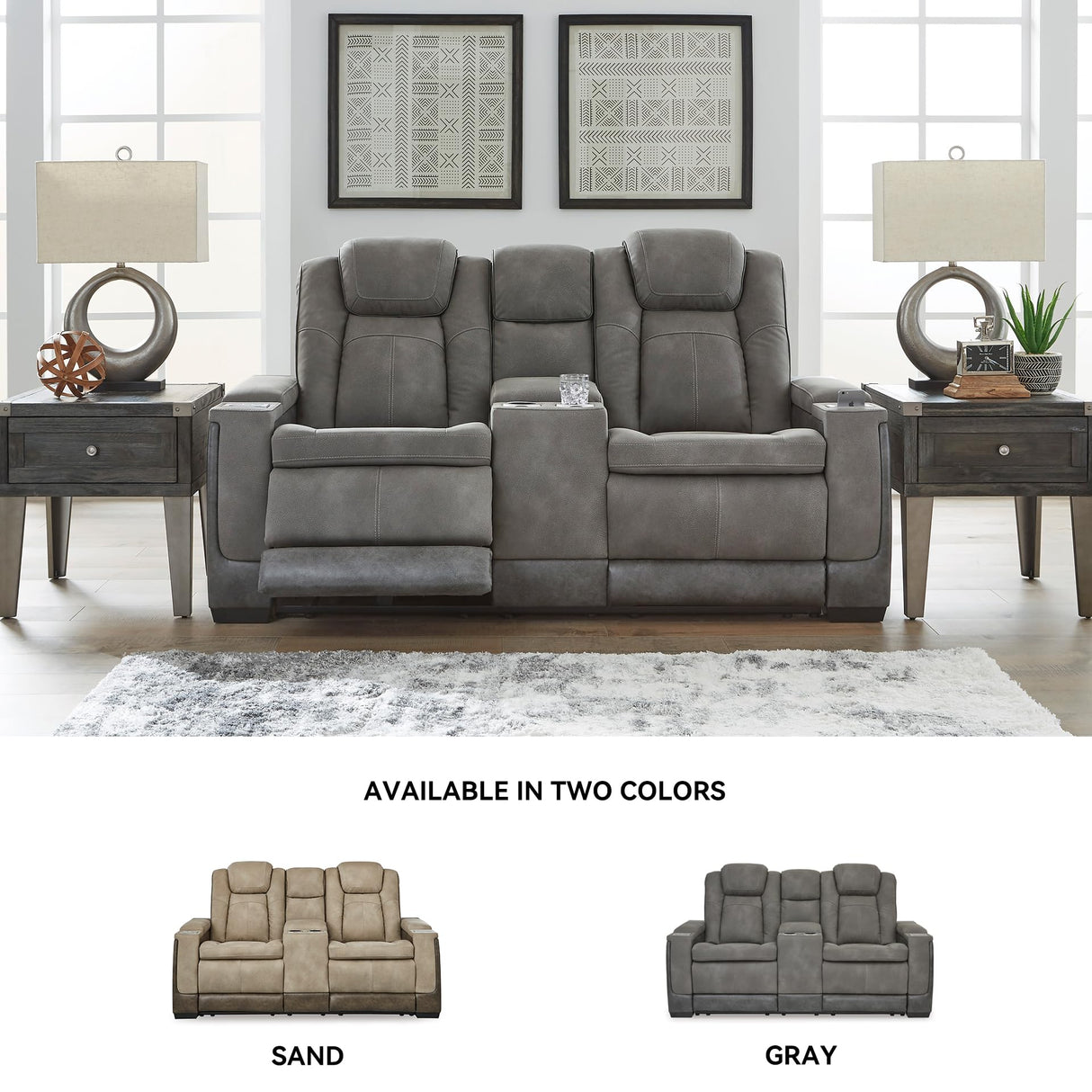 Signature Design by Ashley Next-Gen DuraPella Modern Faux Leather Power Reclining Loveseat with Console & Adjustable Headrest, Gray Signature Design by Ashley