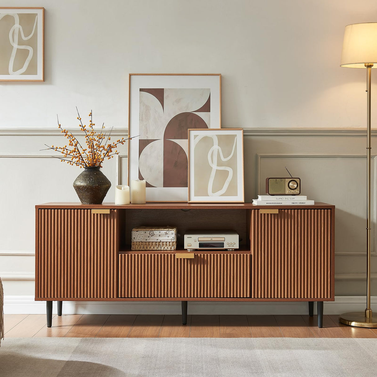 Okvnbjk Modern TV Stand for 65 Inch TV, Fluted TV Consoles for Living Room, Media Console with Soft Hinge & Drawer, Wood Entertainment Center with Storage, Mocha Okvnbjk